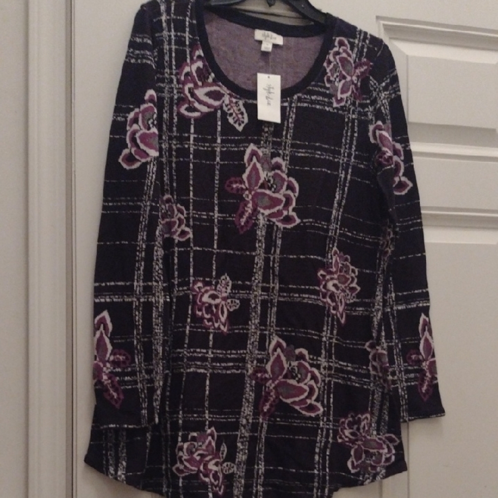 Style & Co Black and Pink Graphic Long Sleeve Blouse